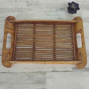 Bamboo Vintage Rattan Cane Serving Tray Handles Platter Boho Chic Coastal